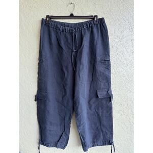 Flax Cargo Pants Womens M Navy Blue 100% Linen Baggy Lagenlook Cinched Cuff